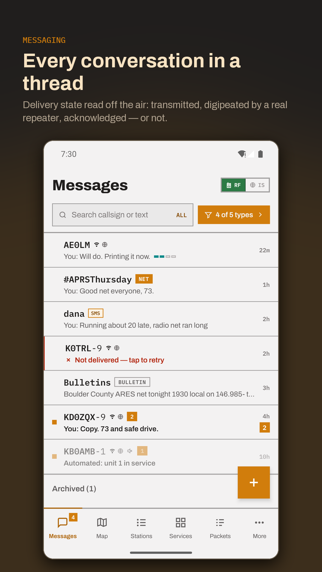 Threaded APRS messaging with delivery states