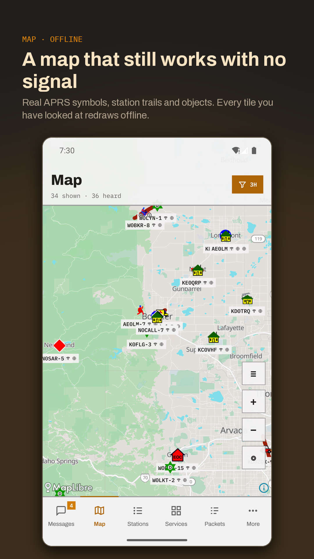 Vector map with real APRS symbols and station trails